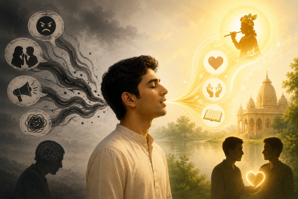 Spiritual graphic showing controlled speech leading to peace, devotion, and Krishna consciousness